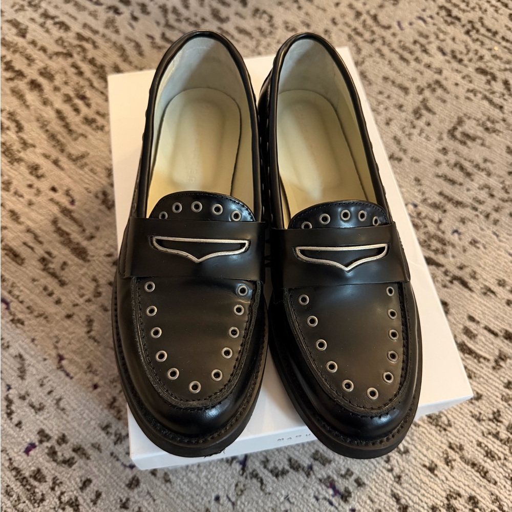 Women's Black Leather Eyelet Accent Loafers